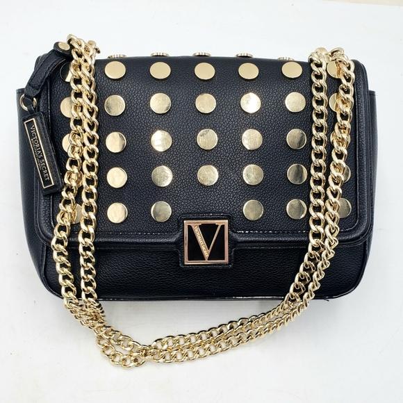 Victoria's Secret Chain Strap Shoulder Bag Gold Studded Black Faux Leather Flap - Picture 1 of 14